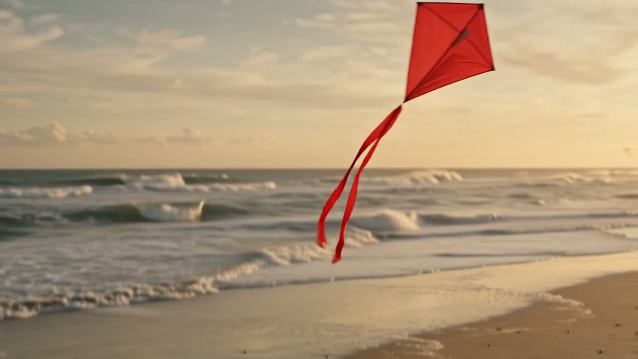 Flow AI Video example: a red kite rising over a windy beach at golden hour