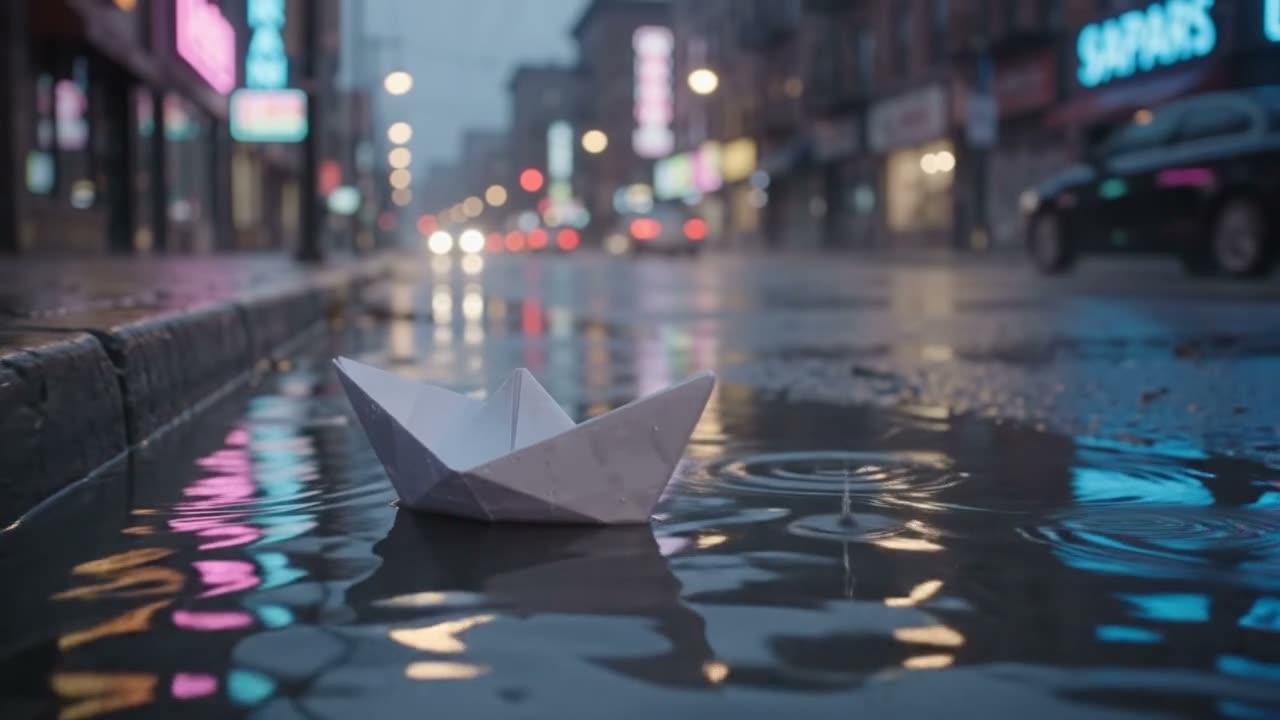 Flow AI Video example: a paper boat drifting down a rainy neon-lit street